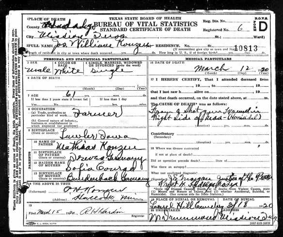 Joe Konzen's death certificate